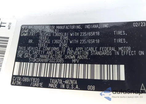 2023 Toyota Highlander Le from USA, damaged, VIN 5TDKDRAH8PS023085